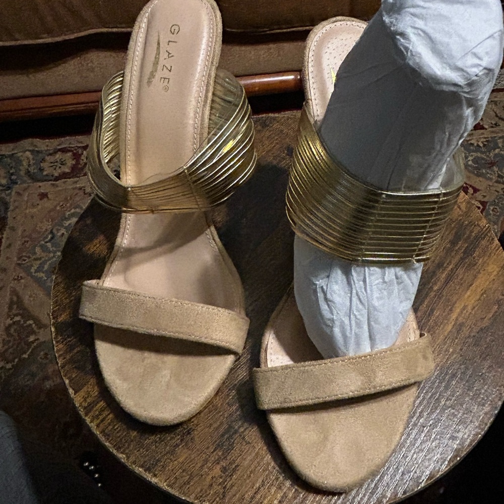 Glaze Beige Suede and Gold Metallic Strap Slide Mules